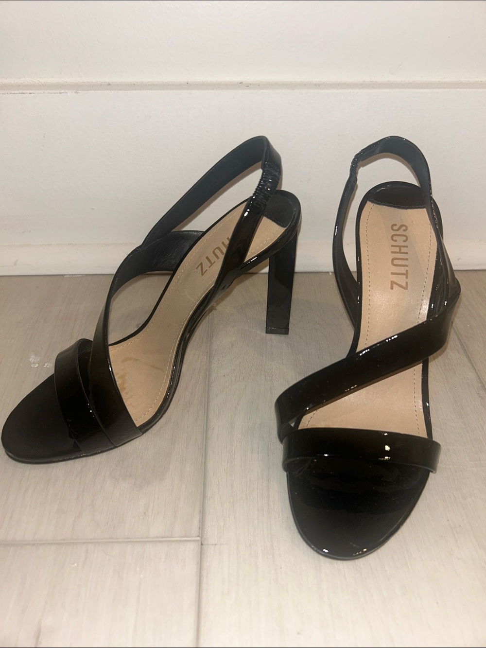 SCHUTZ Black Patent Crisscross Slingback Heels